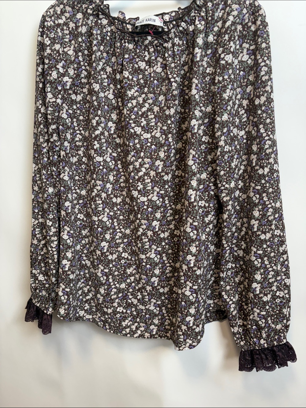 Grace Karin Black Floral Long-Sleeve Ruffled Blouse